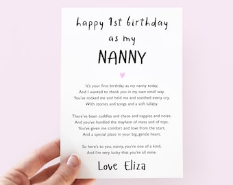 May include: A card with a pink heart and the text "happy 1st birthday as my NANNY". The card has a handwritten message thanking a nanny for their care and love.