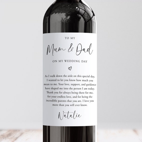 Personalised To My Mum & Dad On My Wedding Day Wine Label, Custom Wedding Morning Gift, Father Of The Bride, Mother Of The Bride, Thank You
