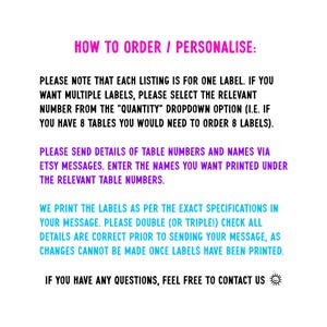 May include: Text on a white background, with the heading "HOW TO ORDER / PERSONALISE:" in pink. The text provides instructions on ordering labels, including selecting the quantity, sending details via Etsy messages, and checking specifications before printing.
