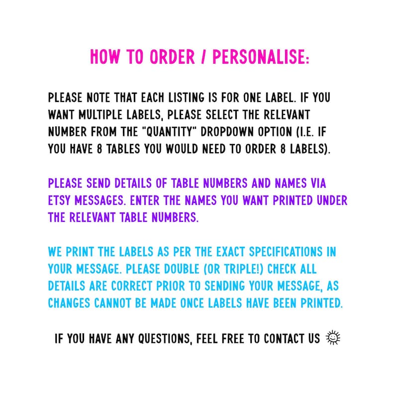 May include: Text on a white background, with the heading "HOW TO ORDER / PERSONALISE:" in pink. The text provides instructions on ordering labels, including selecting the quantity, sending details via Etsy messages, and checking specifications before printing.
