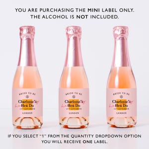 May include: Three miniature champagne bottles with pink foil tops and custom labels. The labels feature the text 'BRIDE TO BE', 'Charlotte's Hen Do', '19TH SEPTEMBER', and 'LONDON'. The text 'YOU ARE PURCHASING THE MINI LABEL ONLY. THE ALCOHOL IS NOT INCLUDED.' is visible.
