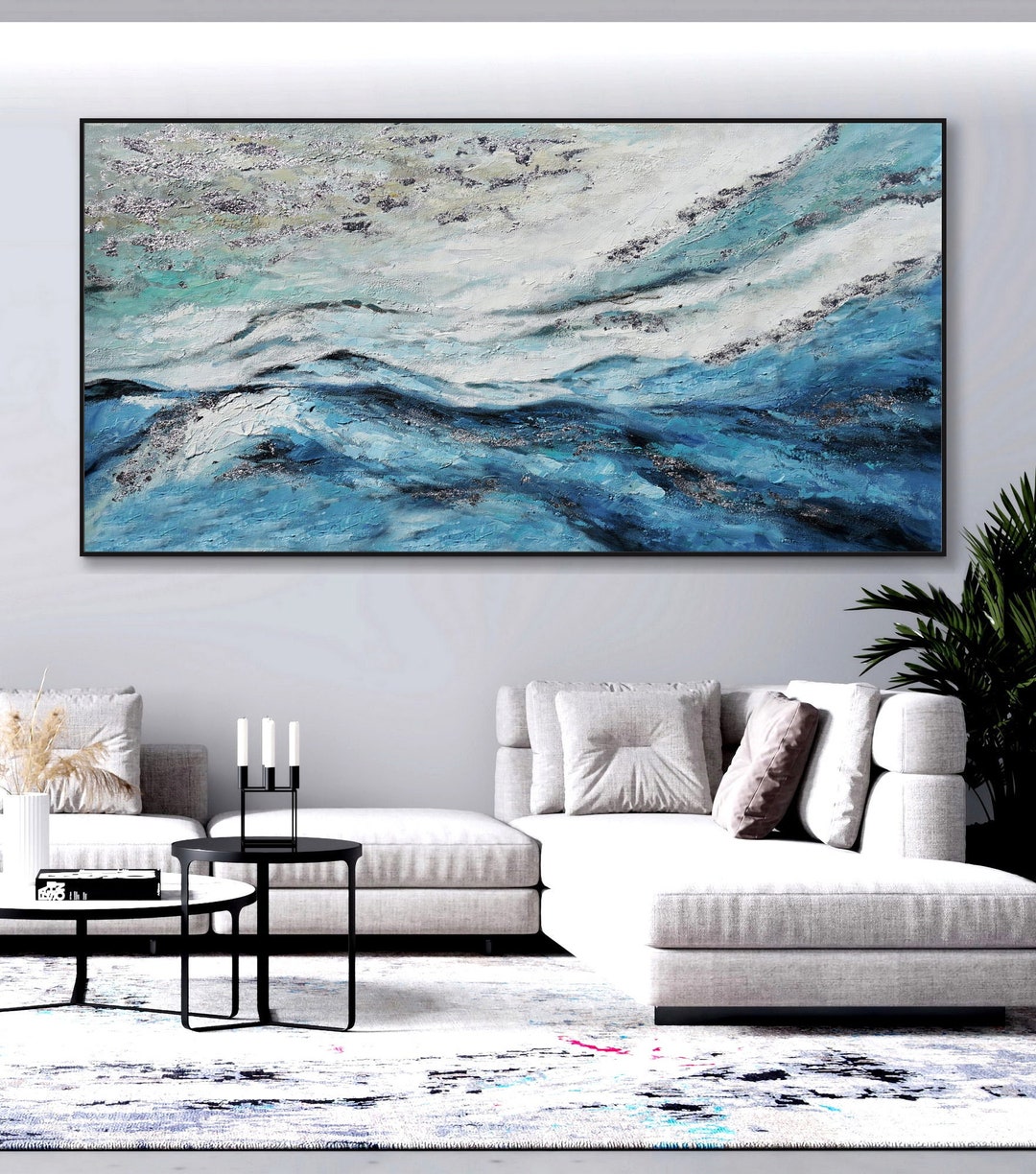 Silver Blue Extra Large Long Slim Panoramic Abstract Acrylic - Etsy