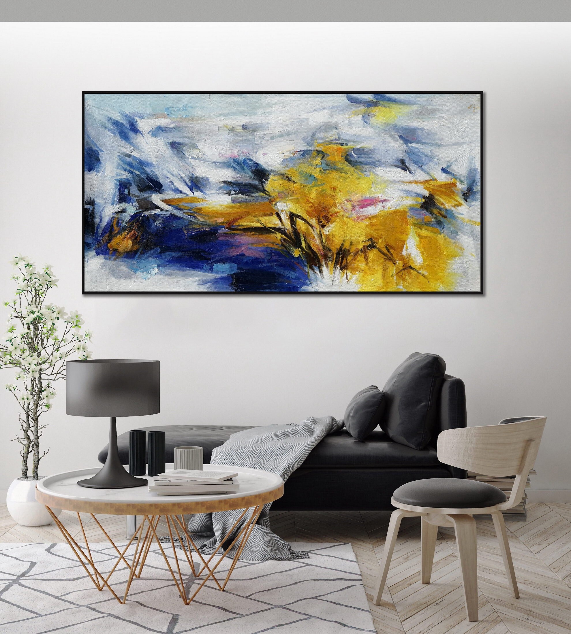 Navy Blue Yellow Abstract Painting Navy Blue Yellow Art Navy Etsy UK