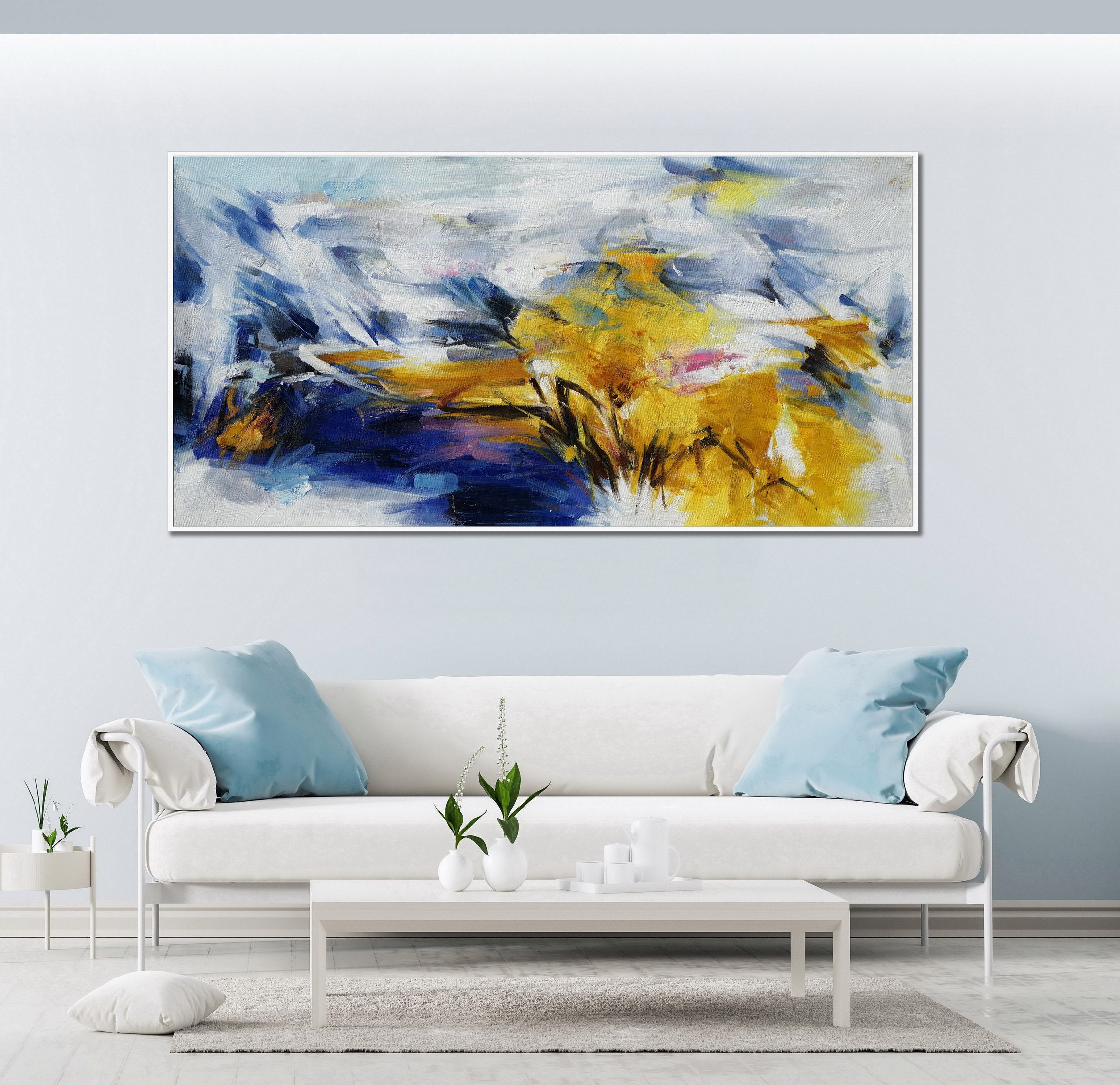 Navy Blue Yellow Abstract Painting Navy Blue Yellow Art Navy Etsy UK