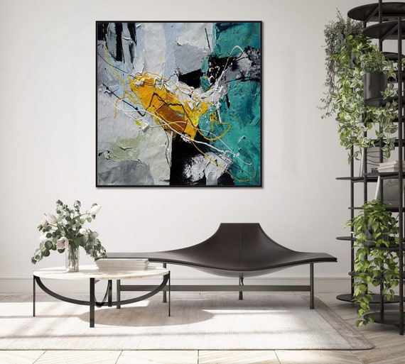 Teal Color Painting Teal Color Wall Art Teal Color Canvas Etsy