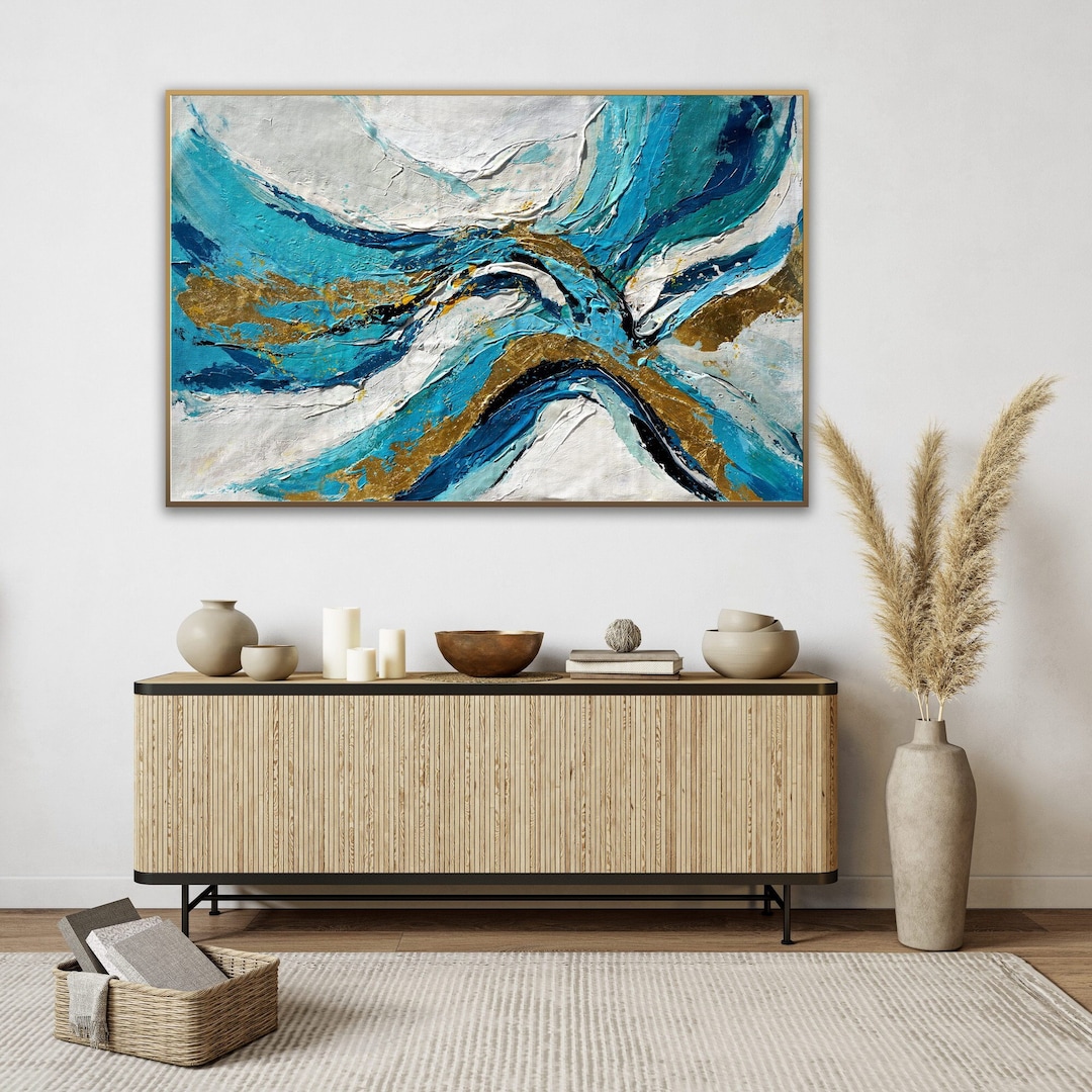 Teal Gold Painting Teal Gold Wall Art Teal Color Abstract Etsy