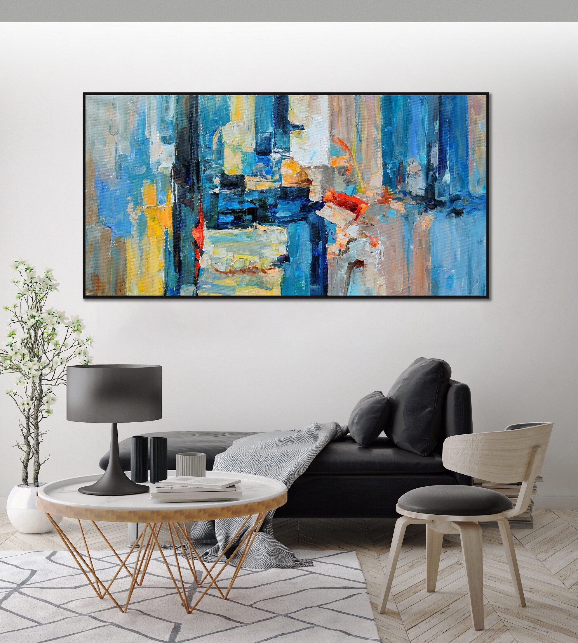 Blue Beige Painting Blue Beige Wall Art Blue Beige Canvas Etsy UK