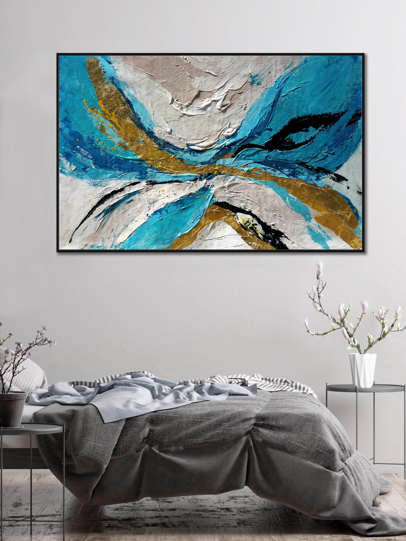 Teal Gold Wall Art Teal Gold Painting Teal Color Abstract Etsy
