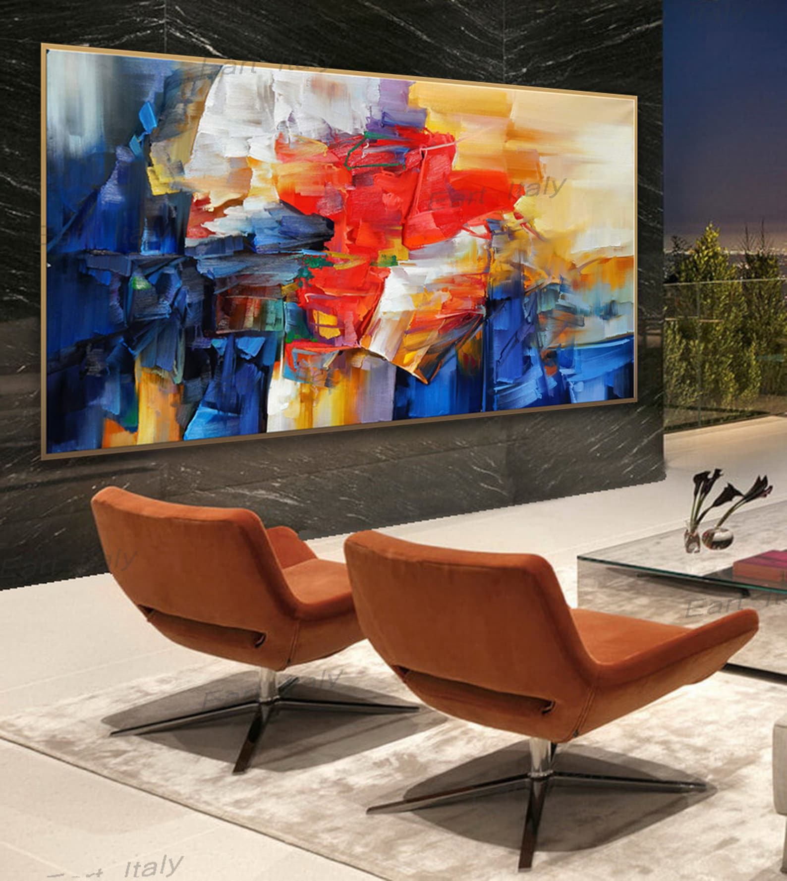 Modern Navy Blue Pale Yellow Colorful Wall Art Extra Large Etsy