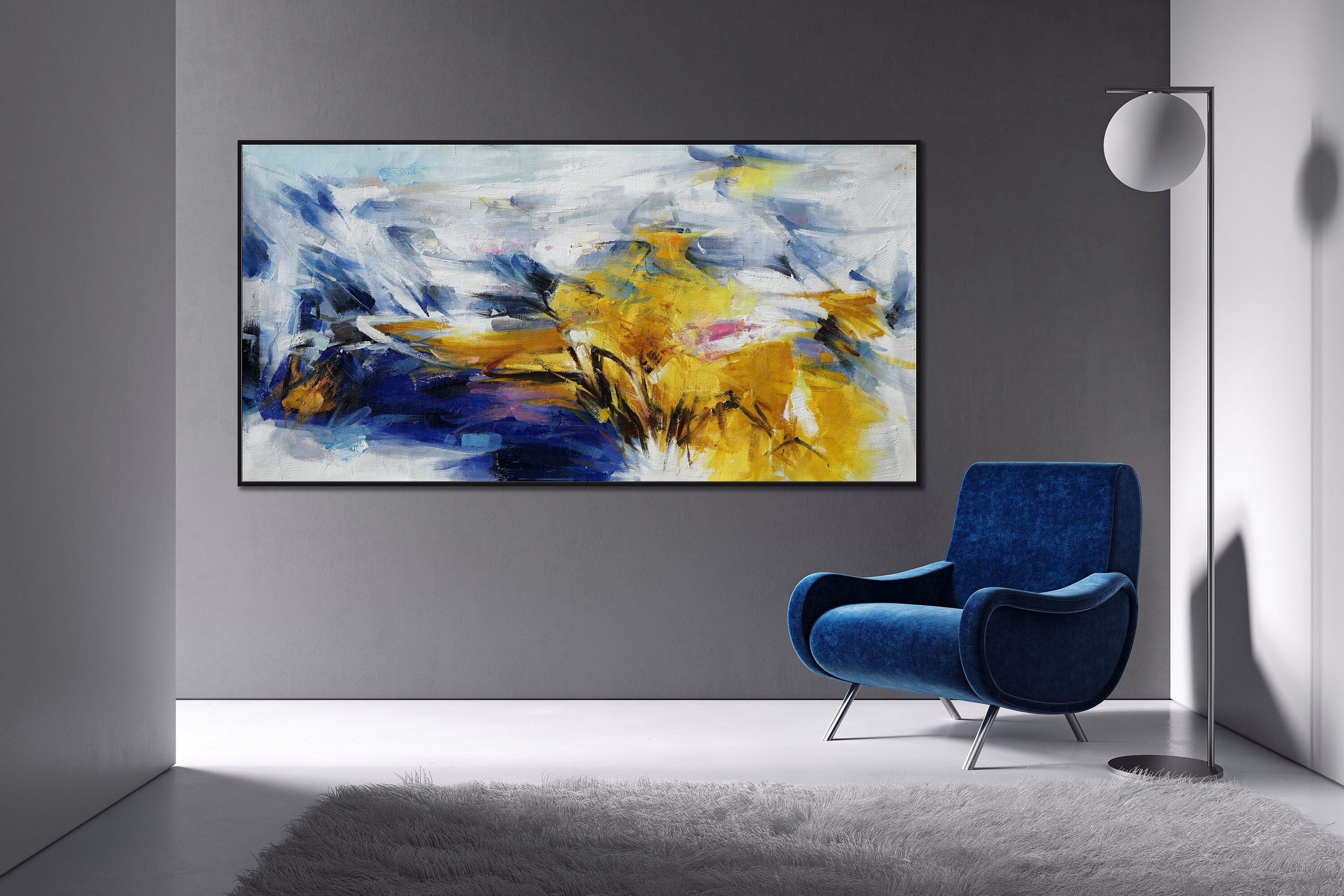 Navy Blue Yellow Abstract Painting Navy Blue Yellow Art Navy Etsy UK