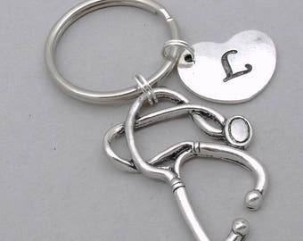 Stethoscope heart engraved initial keyring | stethoscope keychain | personalised stethoscope keyring | doctor gift | letter | birthstone