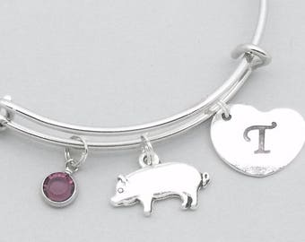 Pig charm bracelet with heart initial | personalised pig jewelry | pig bangle | pig gift | birthstone