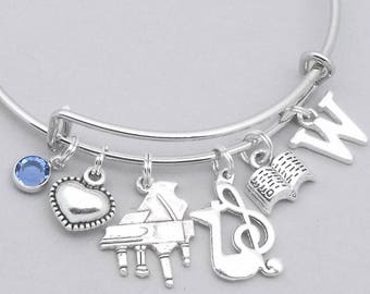 Pianist theme bracelet | piano charm bracelet | personalised piano bracelet | pianist jewellery | grand piano | letter | birthstone
