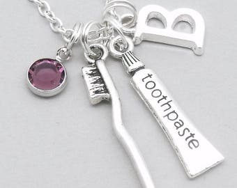 Toothbrush & toothpaste pendant necklace monogram initial | personalised dental jewelry | dentist gift | dental nurse | dental hygienist