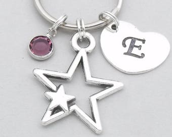 Double star keyring | star keychain | personalised star gift | heart initial | birthstone