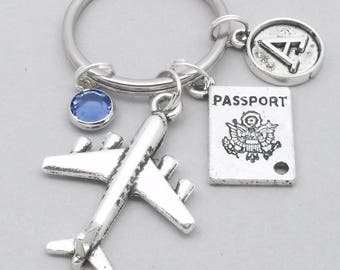 Plane and passport vintage style initial keyring | travel charm keychain | holiday travelling keychain | personalised plane travel gift