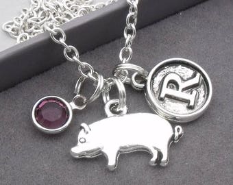 Pig necklace with vintage style initial | personalised pig jewellery | pig pendant | pig gift | birthstone