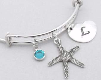 Starfish heart initial charm bracelet | starfish bangle | personalised starfish bracelet | starfish jewelry | starfish gift | birthstone