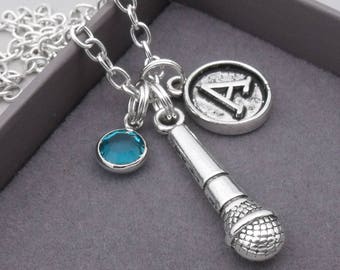 Microphone vintage initial necklace | singers necklace | microphone pendant | personalised singing necklace | microphone jewelry | singer