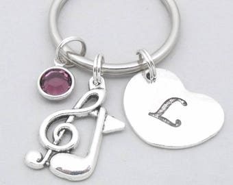 Music note heart initial keyring | music note keychain | personalised musical note keyring | musical symbol gift | letter | birthstone