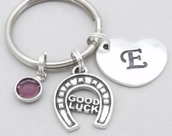 Good luck horseshoe keychain | good luck heart initial keyring | personalised lucky horseshoe keychain | horseshoe good luck gift