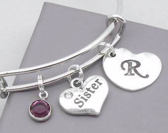 Sister heart initial charm bracelet | sister bangle | personalised sister bracelet | sister jewelry | sister gift