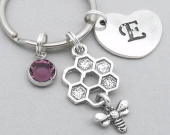 Honeycomb Bee heart initial keyring | honeycomb bee keychain | personalised honeycomb keyring | bee accessory | gift | letter | birthstone