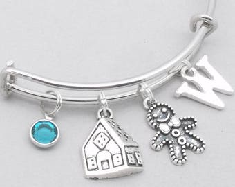 Gingerbread house & man monogram letter charm bracelet | gingerbread man bracelet | gingerbread house jewelry | gingerbread man gift