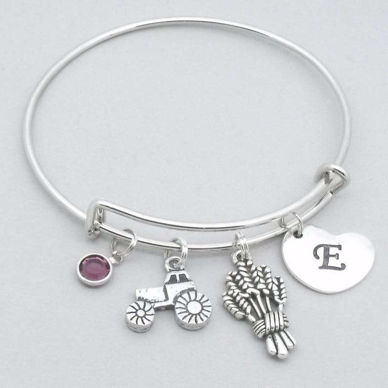 farm gift farmer jewelry personalised farmer bracelet farm bangle Tractor /& wheat charm bracelet with heart initial birthstone