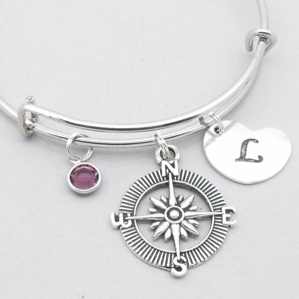 Compass heart initial charm bracelet | compass bangle | personalised compass bracelet | distance bracelet | distance jewelry | compass gift