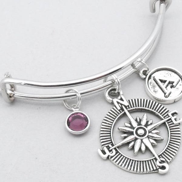 Compass vintage style initial charm bracelet | compass bangle | personalised compass | distance bracelet | distance jewelry | compass gift