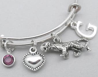 Tiger charm bracelet | tiger bangle | personalised tiger bracelet | tiger jewelry | tiger gift | initial letter | birthstone