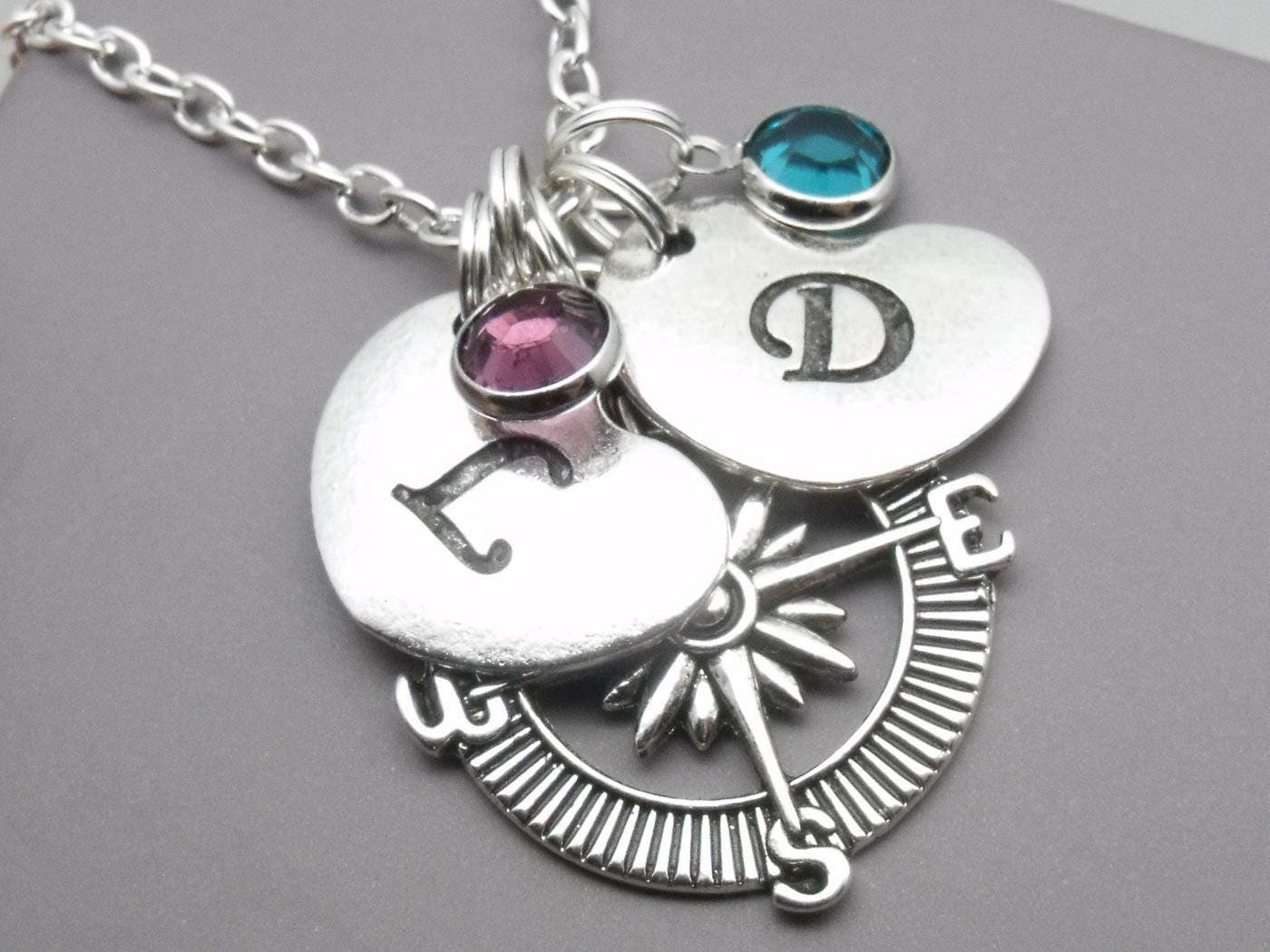 Compass double heart initial birthstone necklace compass Etsy