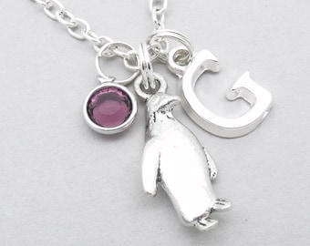 Penguin monogram necklace | penguin charm necklace | penguin pendant | personalised penguin necklace | penguin jewelry | initial letter
