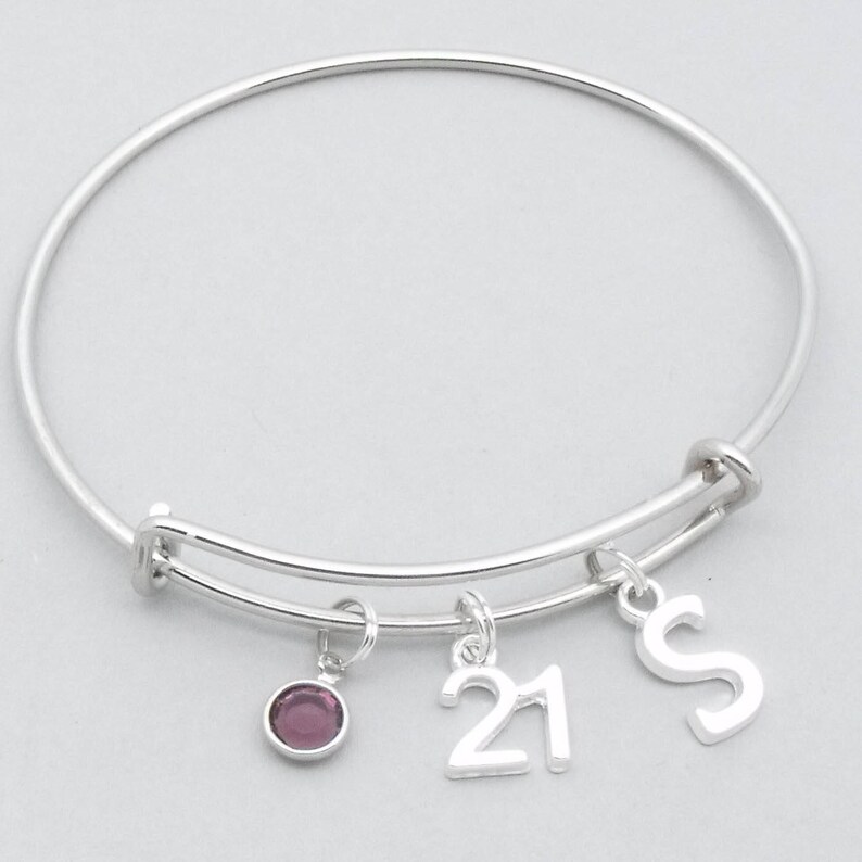 21st birthday monogram initial bracelet 21st birthday jewelry 21st bangle personalised 21st gift birthstone image 1