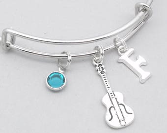 Violin monogram charm bracelet | violin bangle | personalised violin bracelet | violin jewelry | violin gift | birthstone
