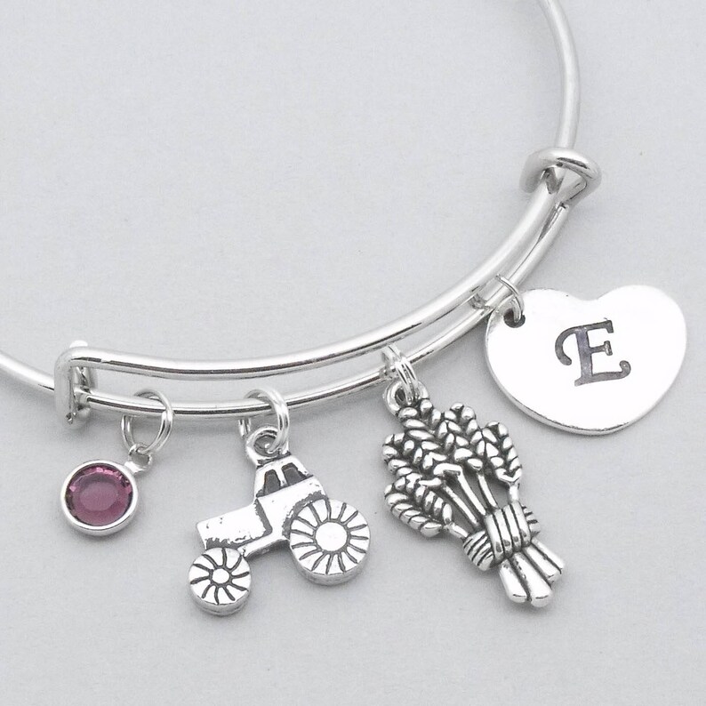 farm gift farmer jewelry personalised farmer bracelet farm bangle Tractor /& wheat charm bracelet with heart initial birthstone