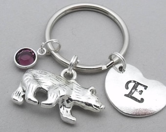 Bear heart Initial charm keyring | grizzly bear keychain | personalised bear keyring | bear accessory | initial letter | birthstone