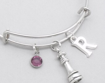 Chess queen bracelet with monogram initial | chess bangle | chess jewellery | personalised chess gift