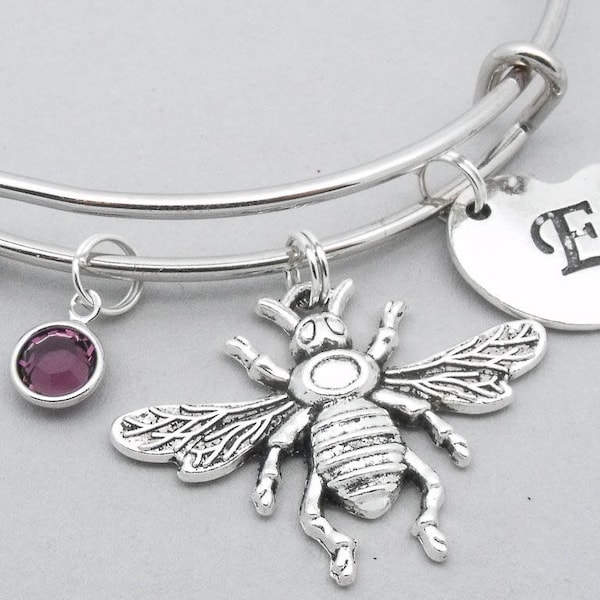 Honey Bee heart initial charm bracelet | honey bee bangle | personalised bee bracelet | honey bee jewelry | bee gift | letter | birthstone