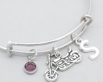 Motorbike monogram initial charm bracelet | motorbike jewelry | motorbike bangle | personalised motorbike gift | motorcycle | birthstone