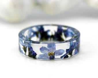 6 Vergissmißt nicht Ring Lila gepresste Blume Ring Resin Ring Botanischer Ring Pflanze Ring Gepresste Blume Schmuck Terrarium Ring getrocknete Blume Ring