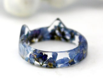 10 Pressed flower cat ring Forget me not ring Terrarium resin ring Herbarium Dried flower ring Blue botanical ring Nature forest plant ring