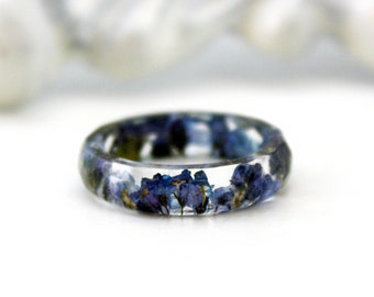 6 Vergissmicht Ring Gepresste Blume Ring Blau echte Blume Harz Ring getrocknete Blume Ring für Frau Natur Ring Terrarium Schmuck Pflanzen Ring