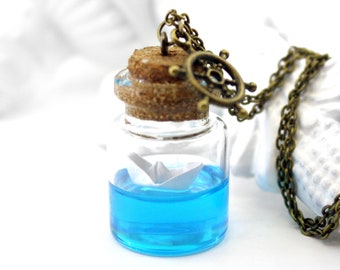 Boat in a bottle necklace Origami necklace Ocean in a bottle jewelry Resin paper boat bottle Resin beach bottle Resin vial sea glass pendant