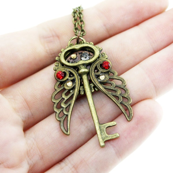 Skeleton key necklace Bronze angel wings necklace Steampunk costume necklace Tiny key necklace Cosplay necklace Small winged key necklace