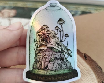 Holographic Vinyl Sticker | Crow Skull Terrarium | Fairycore Art