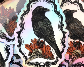 Magical Crow Sticker | Dark Academia | Witch Familiar | Crow Skull Holographic Sticker