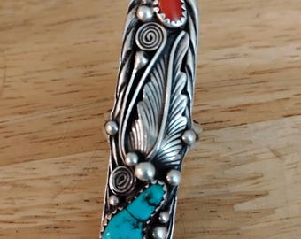 Vintage bohemian handmade pure Sterling, turquoise and coral finger ring.