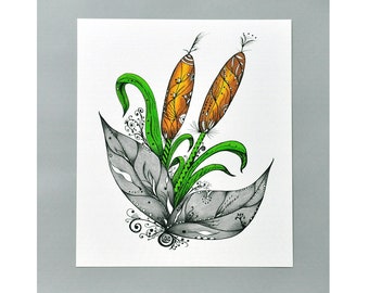 Cattail Water Plant Art, Vivid 8x10 Giclee Print from Original, Hand Drawn with Colored Pencils and Pen and Ink
